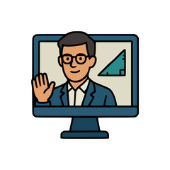 Distance learning teacher explaining geometry from computer screen, waving with triangle symbol, online classroom vector