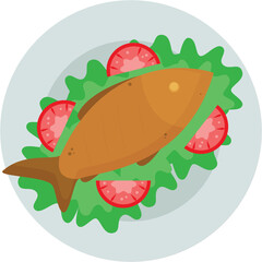 a plate of crispy fried fish with tomatoes and lettuce