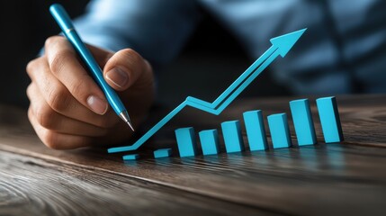 A business professional, focused and determined, holds a pen while illustrating growth with a 3D graph on a wooden desk, representing success and progress.