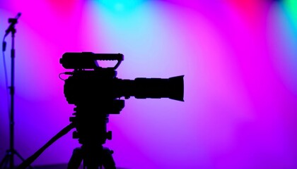 Camera Crane Silhouetted Against Colorful Stage Lights Film Set Photography Dynamic Environment Creative Viewpoint