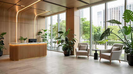 Elegant reception area with natural light, lush plants, and modern wood design creating a welcoming atmosphere