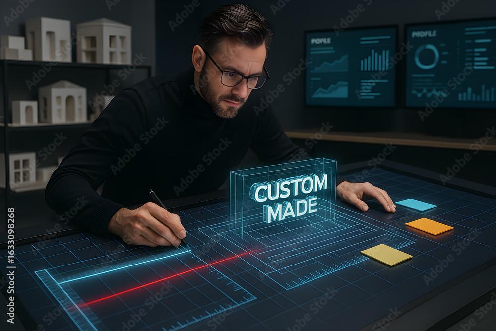 Poster a man is drawing on a computer screen with the words custom made written in red