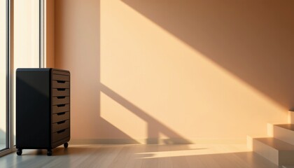 Minimalist Scene Depicting Black Drawer Unit Modern Home Interior Natural Light Serene Atmosphere Interior Design