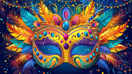 Colorful Venetian mask texture displays feathers and jewels. Perfect for event posters, party branding, or social media design.