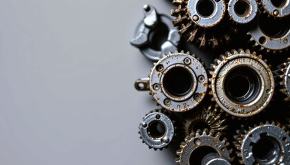Industrial Gears Closeup Workshop Setting Photography Metal Environment Overhead View Machinery Concept