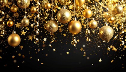 Gold Christmas ornaments and confetti cascade against a black background.