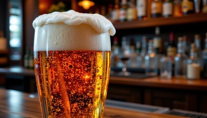 Dramatic Closeup of Beer Foam Bar Setting Beverage Photography Warm Atmosphere Top-Down Perspective Craft Beer