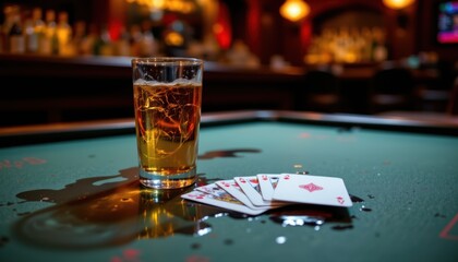Spilled Beer and Playing Cards Casino Bar Realistic Cinematic Shot Intimate Atmosphere Close-Up View