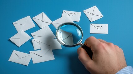 A male hand with light skin holds a magnifying glass over several white envelopes on a vibrant blue background, focusing on the word 'Send' printed on one envelope.