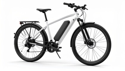 Fototapeta premium A white electric bicycle with black tires and accessories, positioned on a white background.