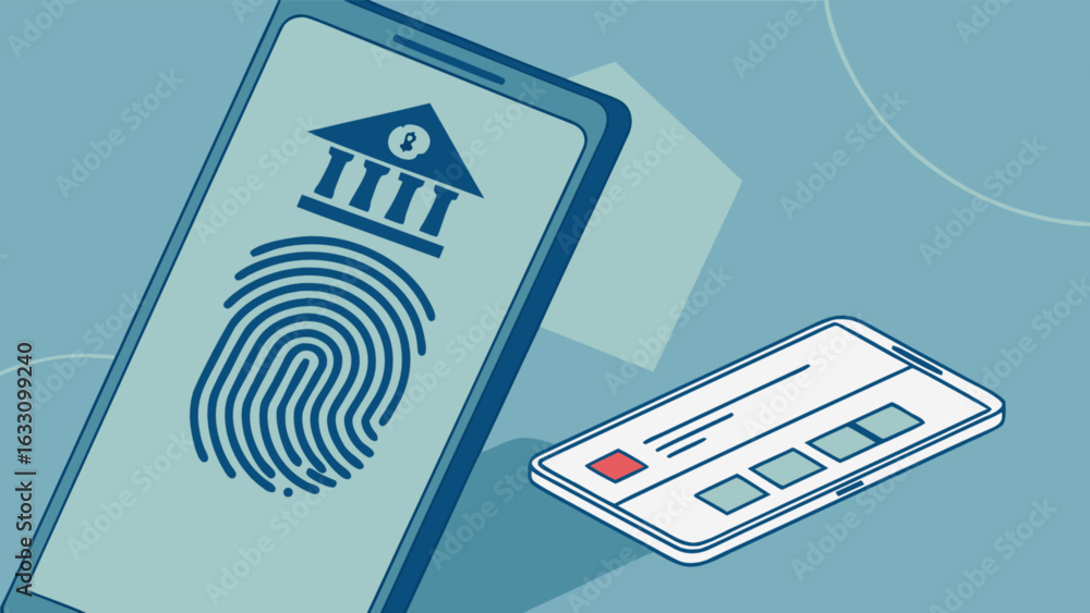Poster secure mobile banking app with fingerprint authentication and digital payment card illustration