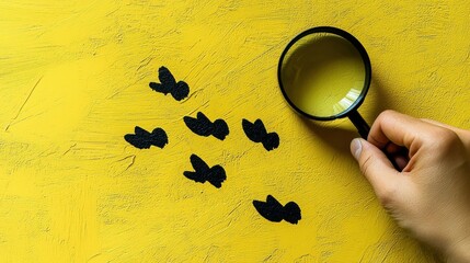 A close-up of a hand holding a magnifying glass over black butterfly silhouettes on a vibrant yellow background, creating a whimsical and playful mood.
