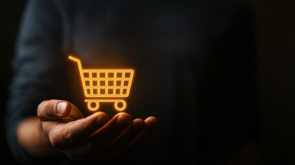 A male hand of South Asian descent holds a glowing, neon shopping cart icon, symbolizing online shopping and digital commerce. The dark background enhances the bright glow.