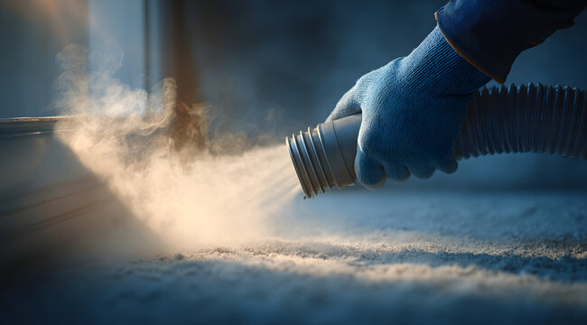 Technician cleaning air ducts with a vacuum hose, inside a modern home, closeup of duct opening with dust and debris being removed, soft daylight illuminating the room, focus on the ventilation system