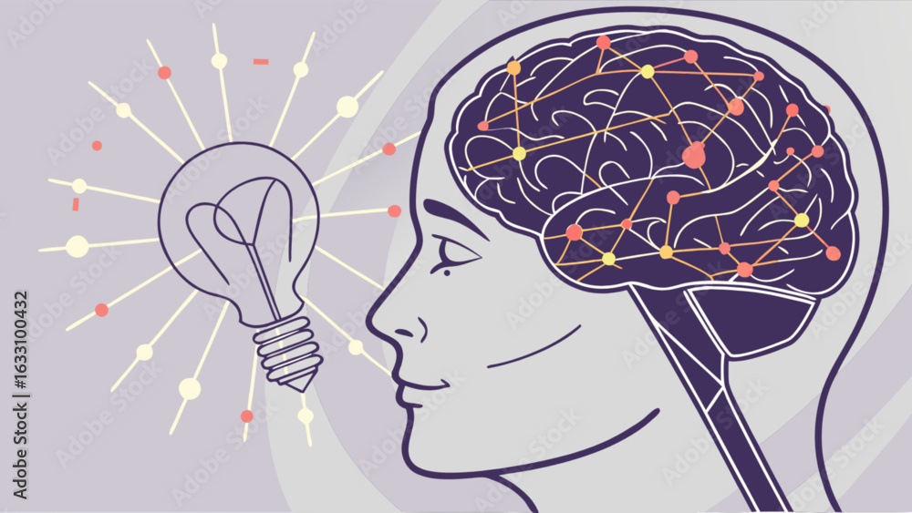 Poster brainstorming and creative thinking concept with lightbulb and brain connections for innovation and 