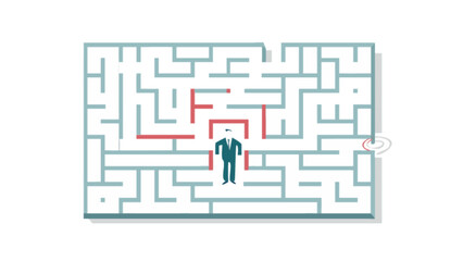 Business man maze solution strategy challenge finding way out success planning labyrinth problem solving concept