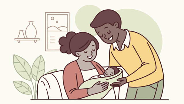 Newborn baby with parents illustration for family healthcare and parenting tips and child development resources