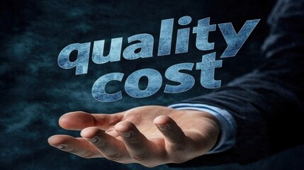 A close-up image of a man's hand reaching out, with the text 'quality' and 'cost' floating above, symbolizing the relationship between quality and cost in business.