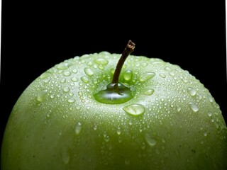   Green apple with water drops.