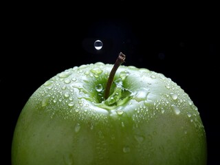  Water drops falling on a green apple.