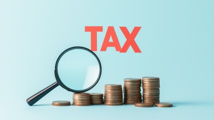 A magnifying glass focuses on stacks of coins beside the bold word 'TAX'. The image conveys the theme of financial scrutiny and tax preparation in a modern, minimalist style.