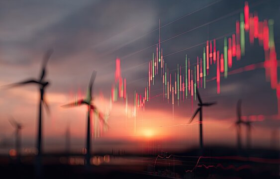Wind turbines at sunset overlaid with stock market charts