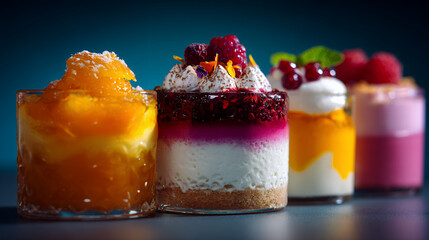 Assortment Of Colorful Layered Mini Desserts Served In Glass Cups