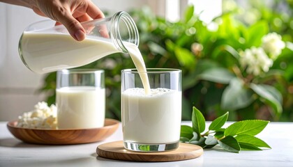 Pouring rich frothy kefir into a clear glass with subtle bubbles forming on top