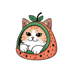 Cute Persian-Scottish Fold cat wearing a strawberry-themed hood