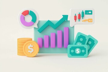 3d illustration of financial growth and investment with charts and money