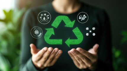 A person with a focused expression presents a glowing green recycling symbol, surrounded by eco-friendly icons reflecting sustainability efforts and environmental awareness.