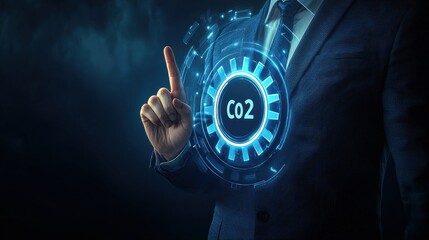A businessman in a suit gestures with one finger raised, holographic CO2 symbol glowing in blue hues in front of his chest, symbolizing sustainability and awareness of carbon emission.