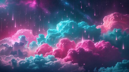 Ethereal cosmic rain shower over dreamlike nebula clouds. Starry galaxy and night sky in vibrant pink and cyan colours. 