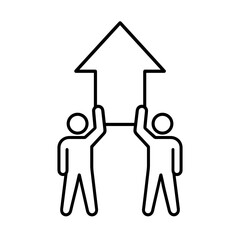 Two people holding upward arrow icon in outline style representing teamwork and growth