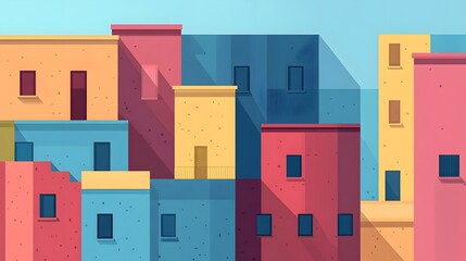 Colorful, stylized city buildings in a flat design.