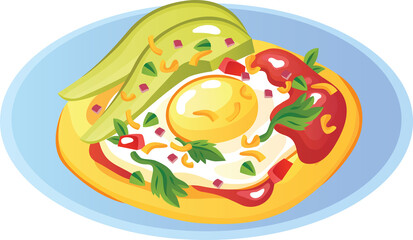 vector illustration of fried egg, tomatoes and avocado on a plate