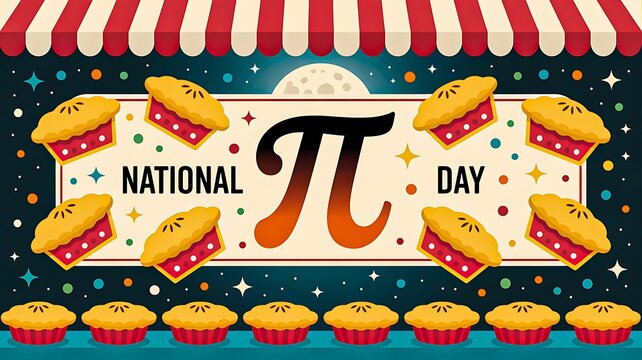 Colorful national pi day illustration with pies mathematical symbol and festive decorative elements
