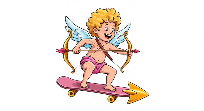 Cartoon cupid riding a skateboard - Powered by Adobe