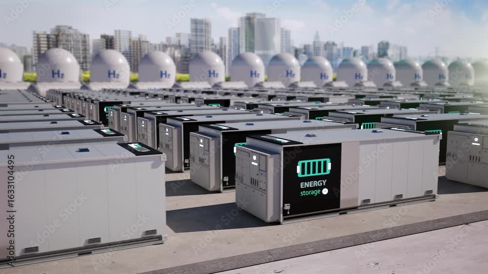 Poster 3d rendering energy storage system or battery container unit with hydrogen tanks for smart city 4k f