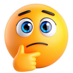 Expressive yellow emoji character pondering with a finger to its chin isolated on transparent background