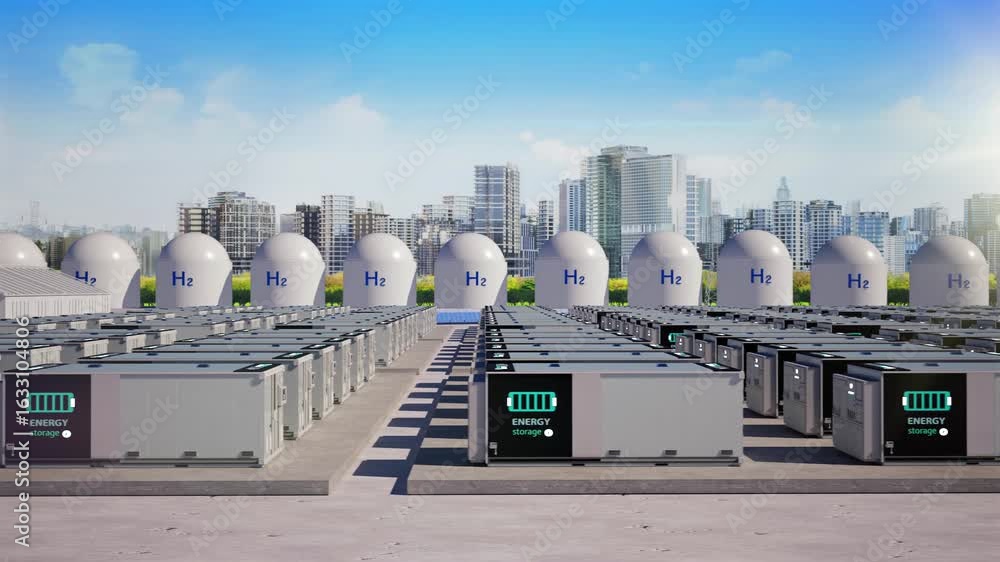 Poster 3d rendering energy storage system or battery container unit with solar panels for smart city 4k foo