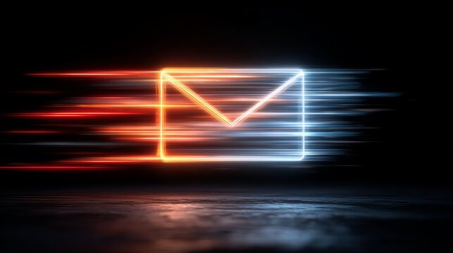 Dynamic neon email icon with glowing orange and blue trails, symbolizing fast communication in a digital world. - Powered by Adobe