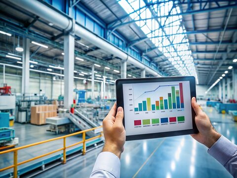 Minimalist Factory Inspection: Engineer Analyzing SPC Data on Tablet