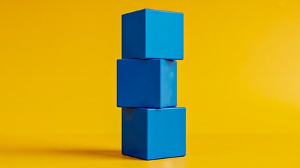 Stack of three blue cubes on vibrant yellow background with shadow in minimal composition**
