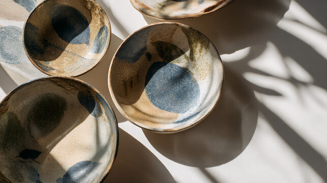 Top view of empty handmade rustic ceramic bowls with blue patterns, warm sunlight, and botanical leaf shadows on a white surface