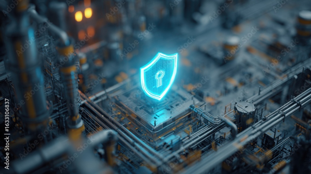 Poster a glowing digital shield icon hovers above a complex network of interconnected circuits, representin