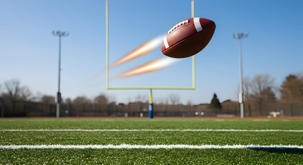 A creative shot of a football's trajectory, leaving a blurred trail as it flies towards the goal