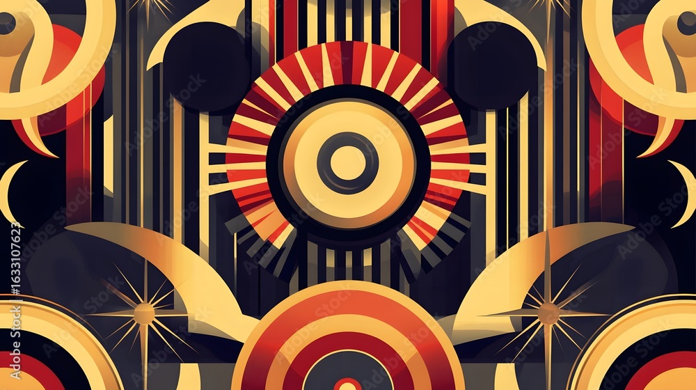 Poster abstract geometric design with layered circles and stripes.