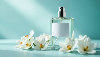 advertising photorealistic photograph of a elite parfume toilet water botle with an empty white paper label without inscriptions, with glare on the glass, studio shooting, artistic light, flowers, wat