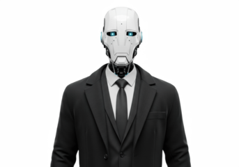 Robot Wearing Business Suit PNG Isolated on Transparent Background – Future of Business with AI, Corporate Automation, Artificial Intelligence in the Workplace, and Professional Humanoid Robot Concept